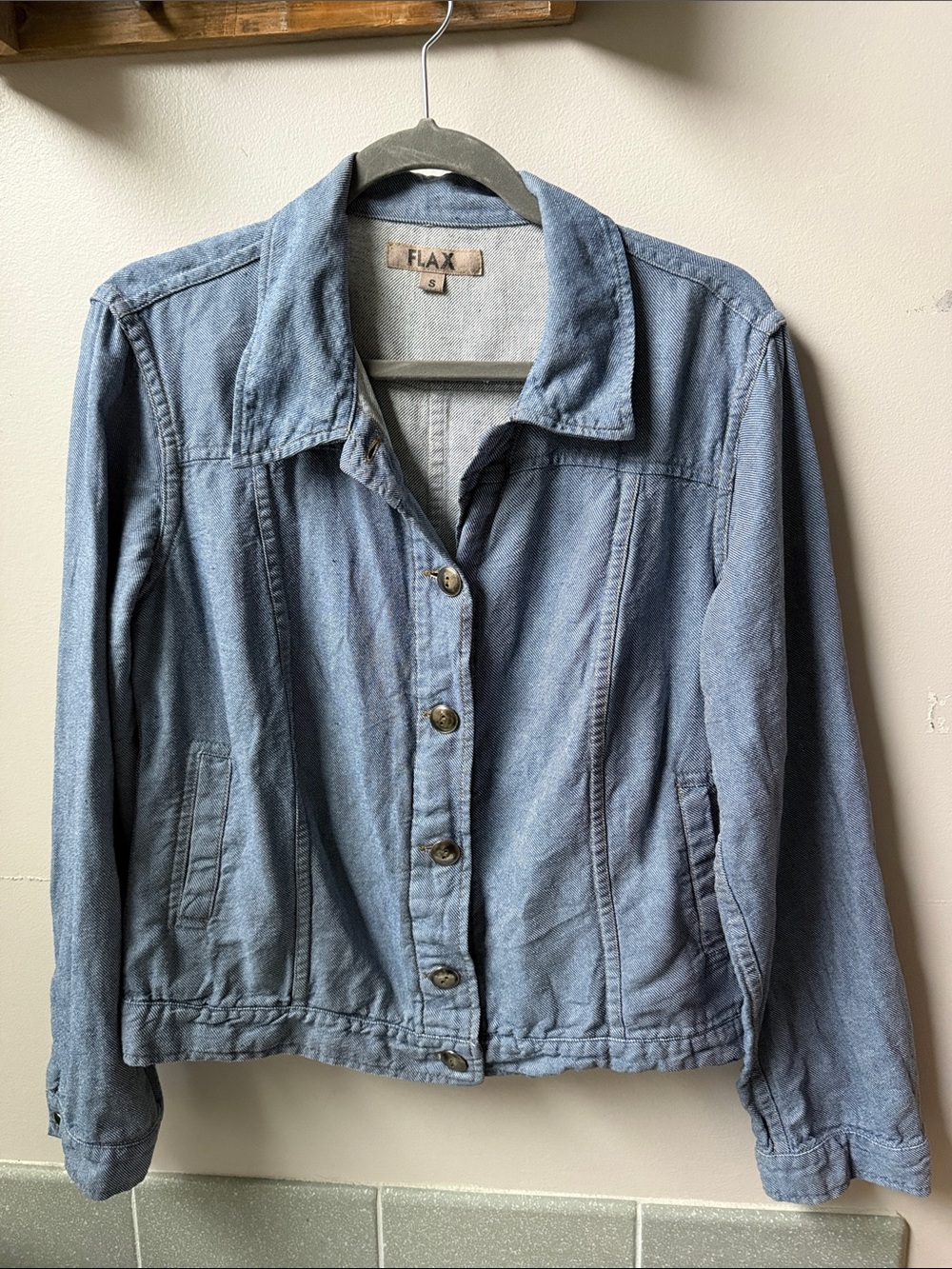 Flax Linen Cotton Denim Style Jacket Button Front Cropped Lagenlook Size S